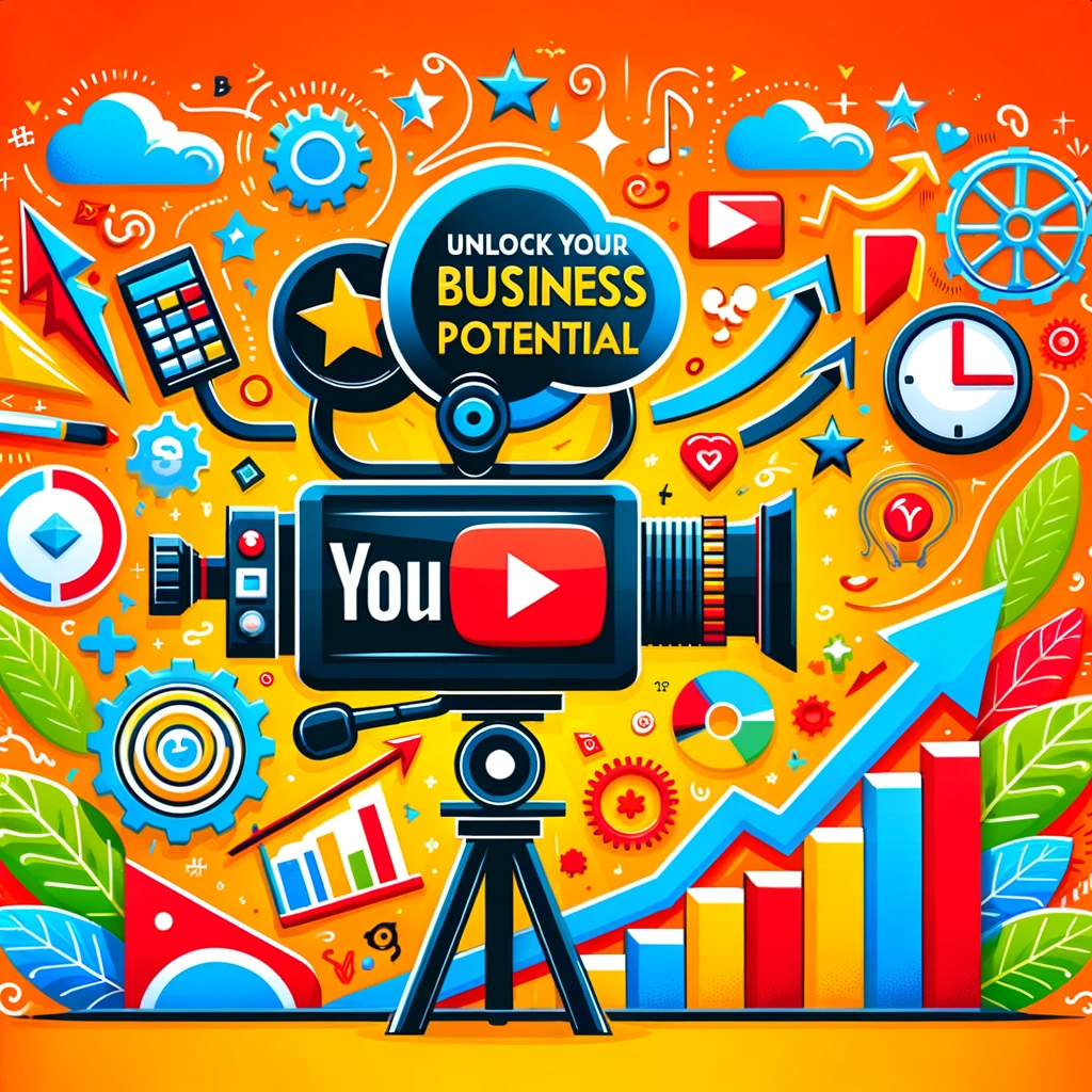 A vibrant and engaging graphic for a blog post about using YouTube for business growth. The image features elements like a video camera, YouTube, and more.