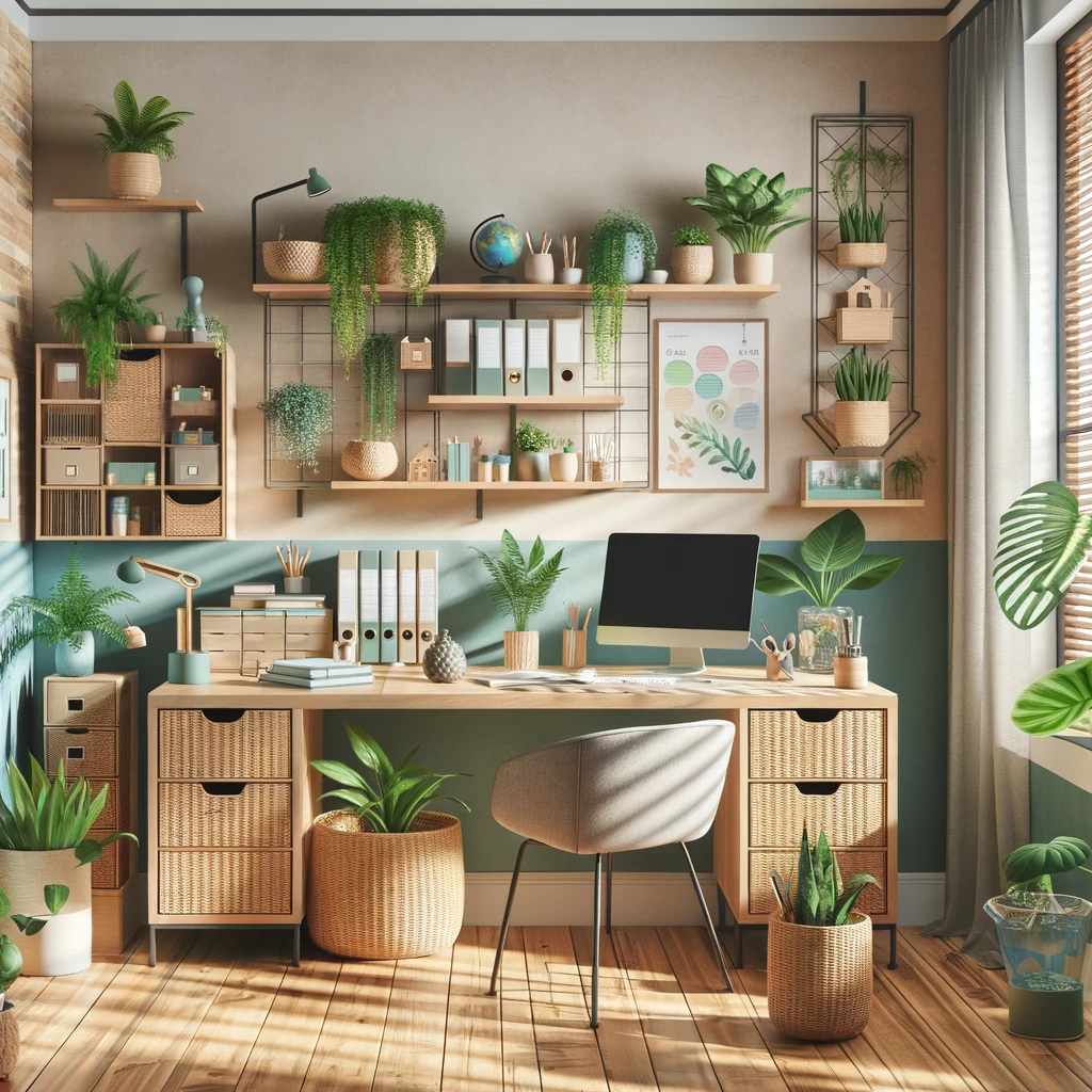 DALL·E 2024 02 05 11.32.27 An office space designed with Feng Shui principles in mind, featuring a decluttered desk with organizational tools like shelves and wicker file cabine