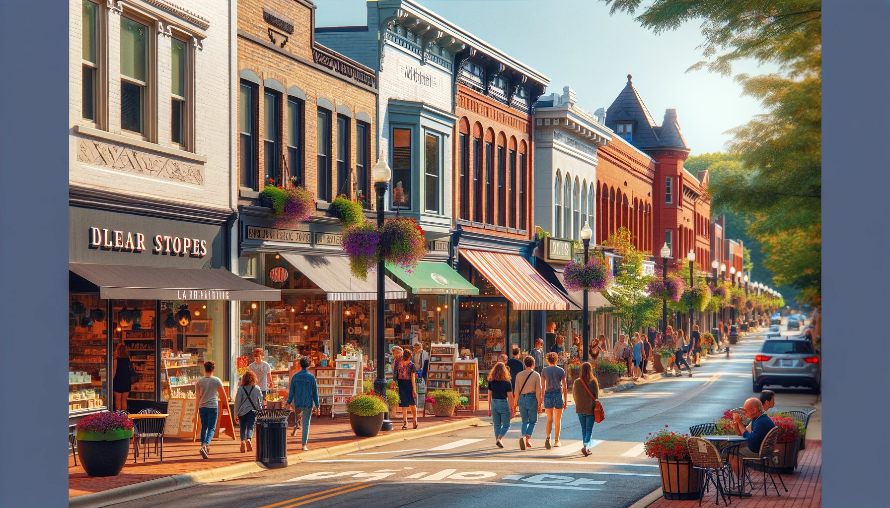 A typical American Main Street scene, bustling with activity. The street is lined with a variety of small businesses including a bakery, and a bookstore